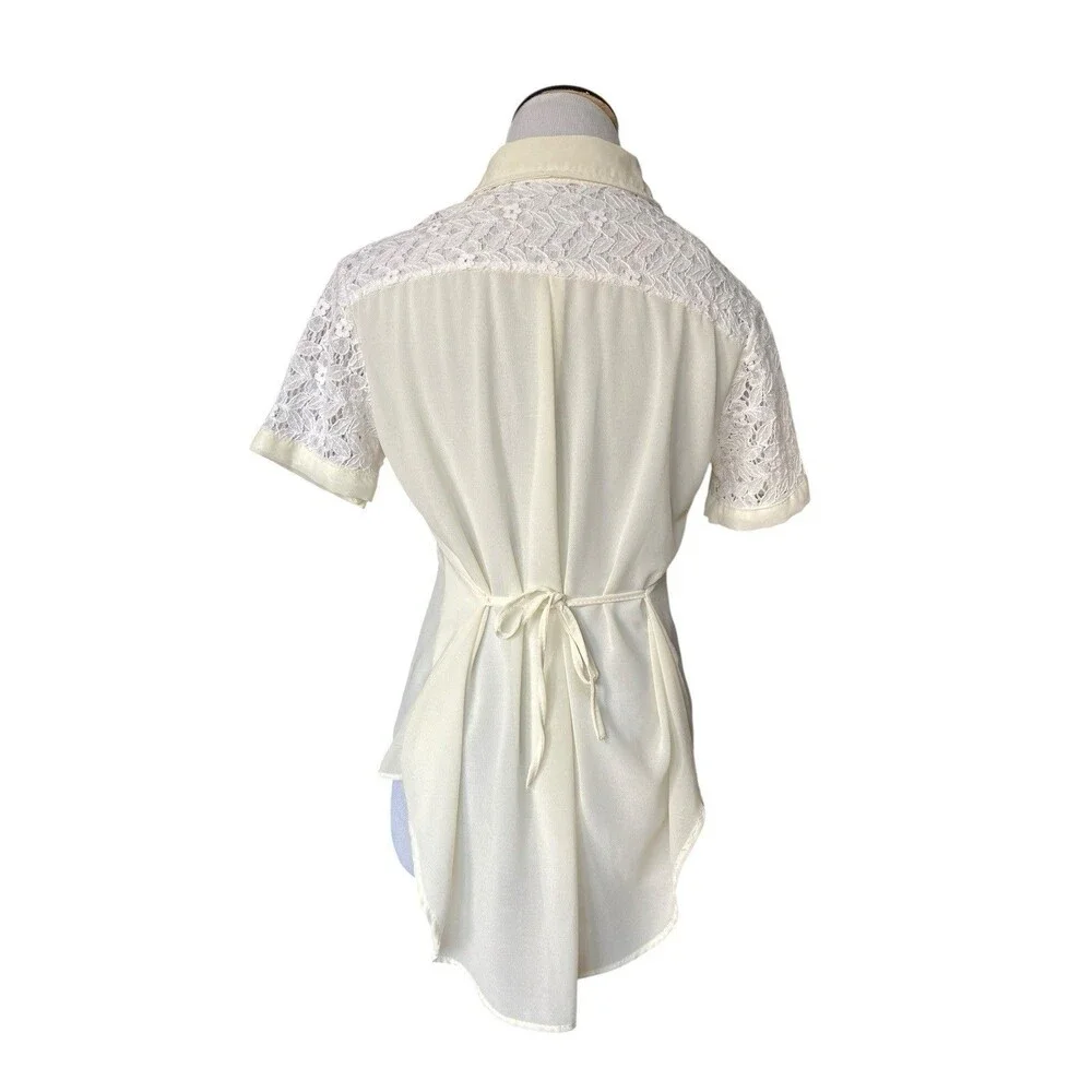 Vintage Romantic‎ Lace Yoke Button Down Blouse Size S Cream Tie Back Bridgerton - Picture 3 of 10